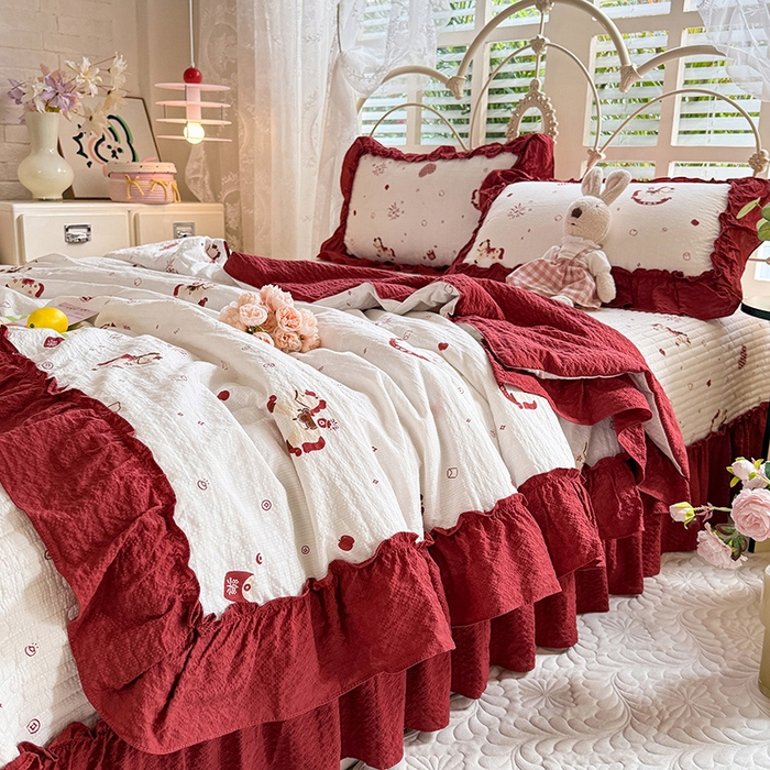 91家纺网 家纺一手货源 找家纺 韩约家纺 2026新款法式大花边泡芙棉床盖款夏被夏凉被空调被四件套 马上鸿运