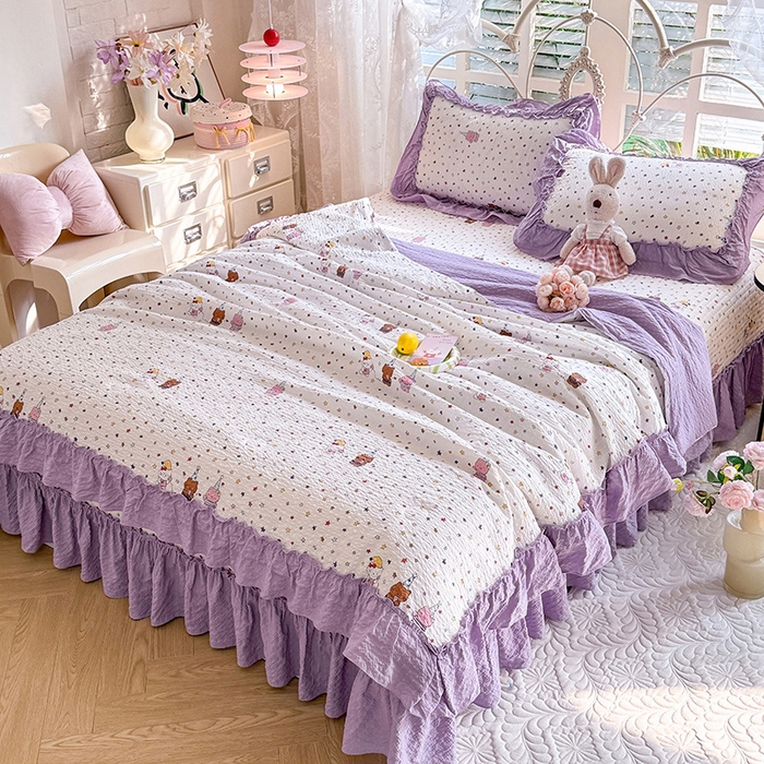 91家纺网 家纺一手货源 找家纺 韩约家纺 2026新款法式大花边泡芙棉床盖款夏被夏凉被空调被四件套 布蕾可可