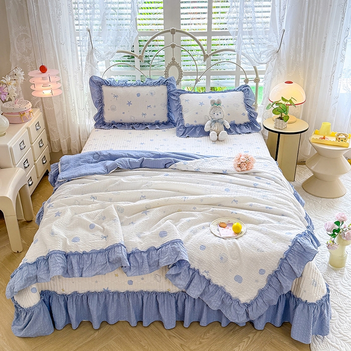 91家纺网 家纺一手货源 找家纺 韩约家纺 2026新款法式大花边泡芙棉床盖款夏被夏凉被空调被四件套 睛喜