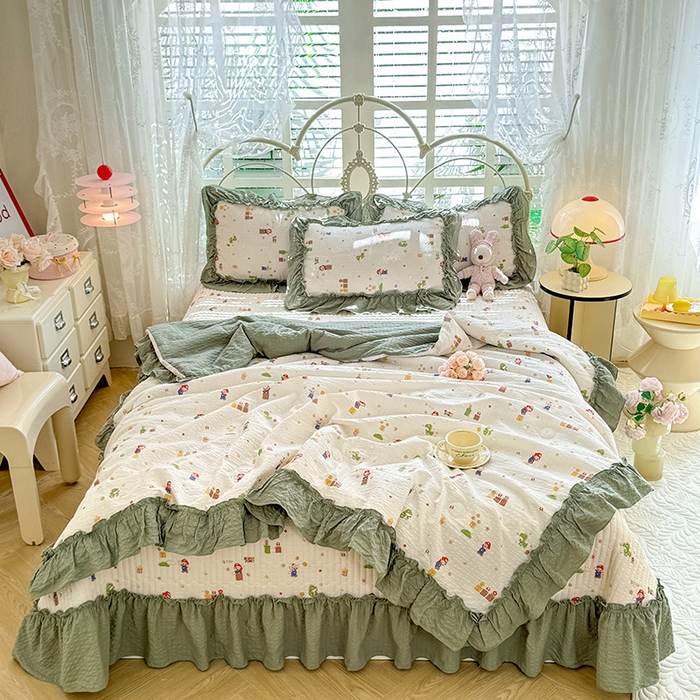 91家纺网 家纺一手货源 找家纺 韩约家纺 2026新款法式大花边泡芙棉床盖款夏被夏凉被空调被四件套 童趣