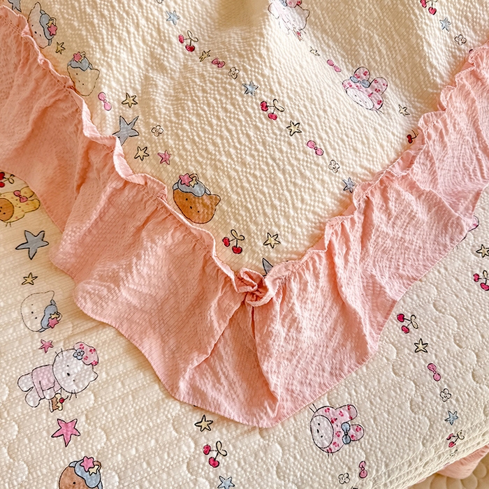 91家纺网 家纺一手货源 找家纺 韩约家纺 2026新款法式大花边泡芙棉床盖款夏被夏凉被空调被四件套 甜心kitty