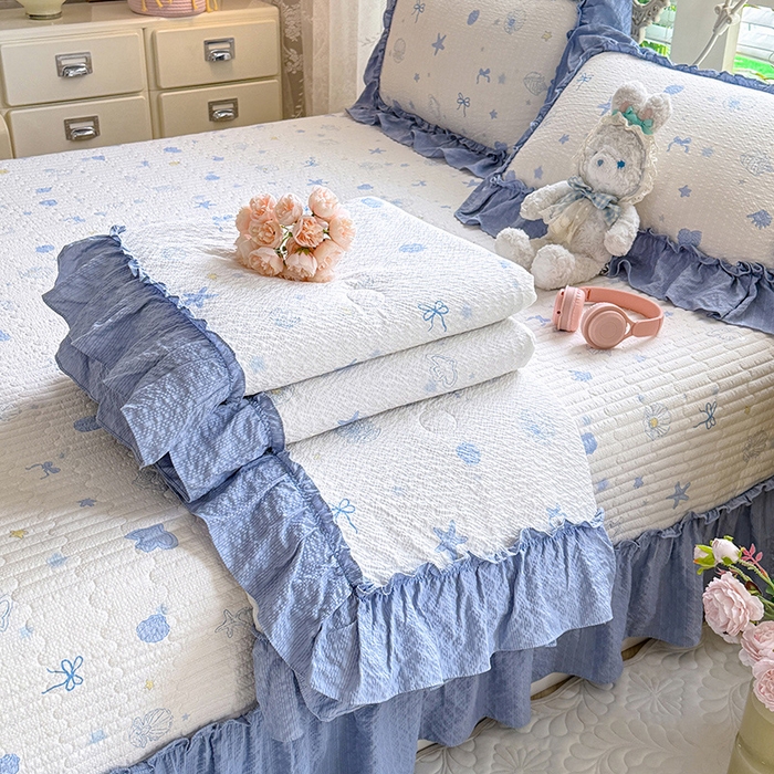 韩约家纺 2026新款法式大花边泡芙棉床盖款夏被夏凉被空调被四件套 睛喜