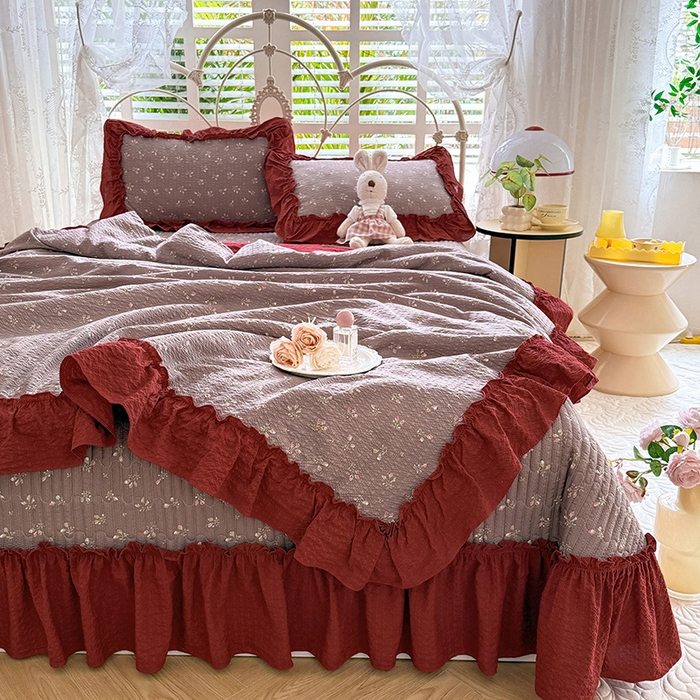 91家纺网 家纺一手货源 找家纺 韩约家纺 2026新款法式大花边泡芙棉床盖款夏被夏凉被空调被四件套 花见喜