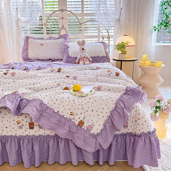 91家纺网 家纺一手货源 找家纺 韩约家纺 2026新款法式大花边泡芙棉床盖款夏被夏凉被空调被四件套 布蕾可可