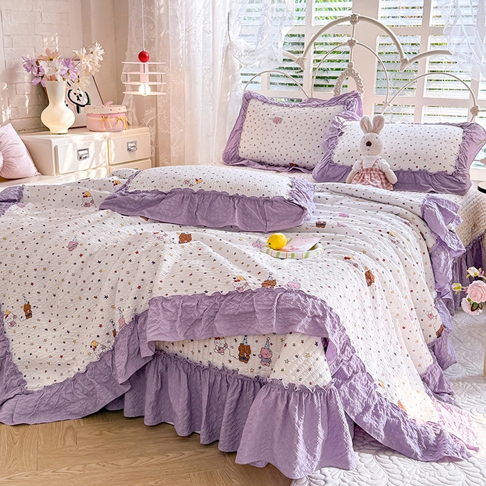 91家纺网 家纺一手货源 找家纺 韩约家纺 2026新款法式大花边泡芙棉床盖款夏被夏凉被空调被四件套 布蕾可可