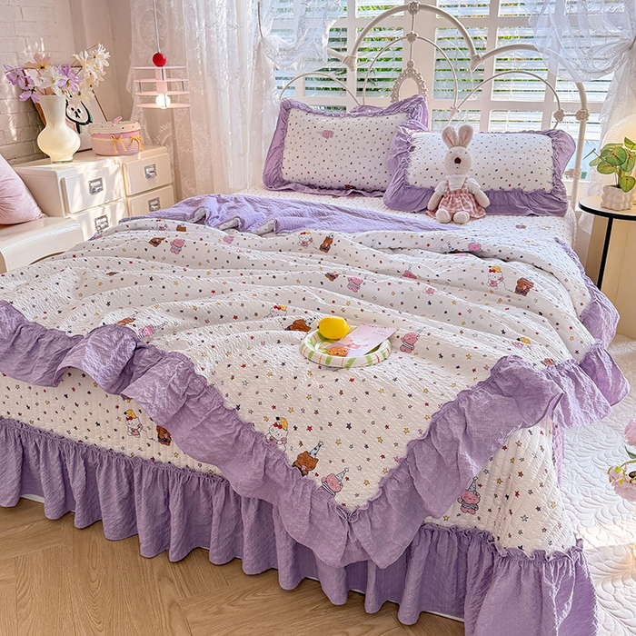 91家纺网 家纺一手货源 找家纺 韩约家纺 2026新款法式大花边泡芙棉床盖款夏被夏凉被空调被四件套 布蕾可可