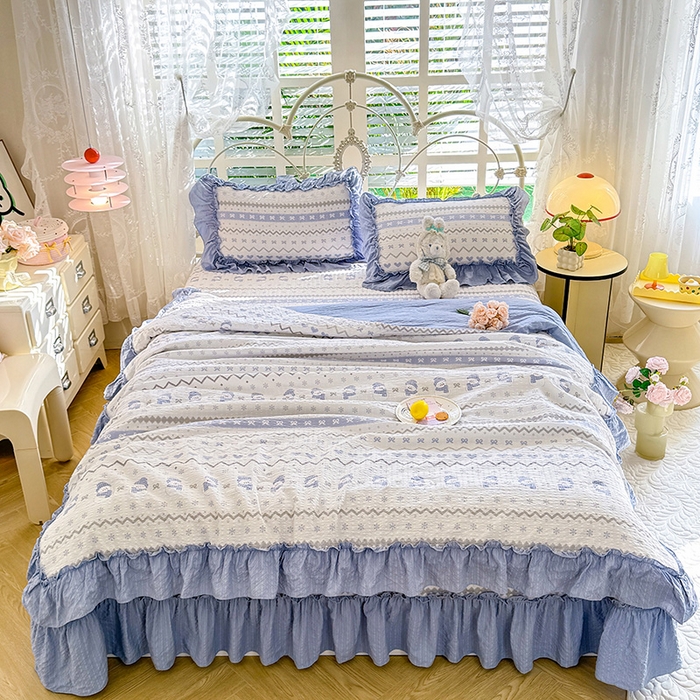 91家纺网 家纺一手货源 找家纺 韩约家纺 2026新款法式大花边泡芙棉床盖款夏被夏凉被空调被四件套 蓝星人