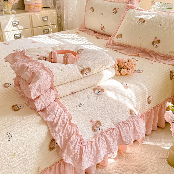 韩约家纺 2026新款法式大花边泡芙棉床盖款夏被夏凉被空调被四件套 呆萌熊宝