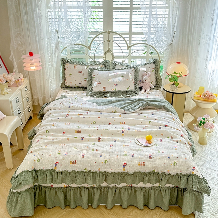 91家纺网 家纺一手货源 找家纺 韩约家纺 2026新款法式大花边泡芙棉床盖款夏被夏凉被空调被四件套 童趣