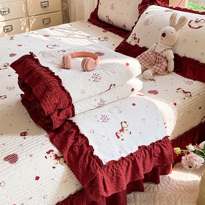 韩约家纺 2026新款法式大花边泡芙棉床盖款夏被夏凉被空调被四件套 马上鸿运