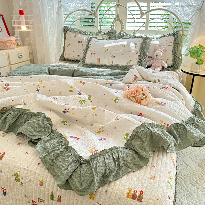 91家纺网 家纺一手货源 找家纺 韩约家纺 2026新款法式大花边泡芙棉床盖款夏被夏凉被空调被四件套 童趣