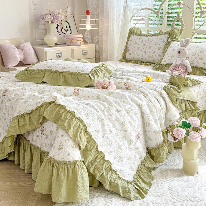 91家纺网 家纺一手货源 找家纺 韩约家纺 2026新款法式大花边泡芙棉床盖款夏被夏凉被空调被四件套 摩卡人生