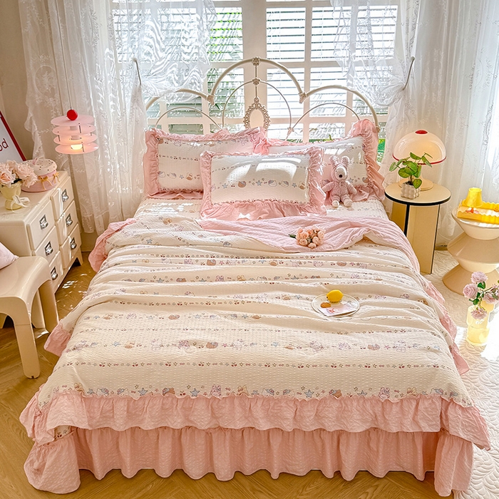 91家纺网 家纺一手货源 找家纺 韩约家纺 2026新款法式大花边泡芙棉床盖款夏被夏凉被空调被四件套 甜心kitty