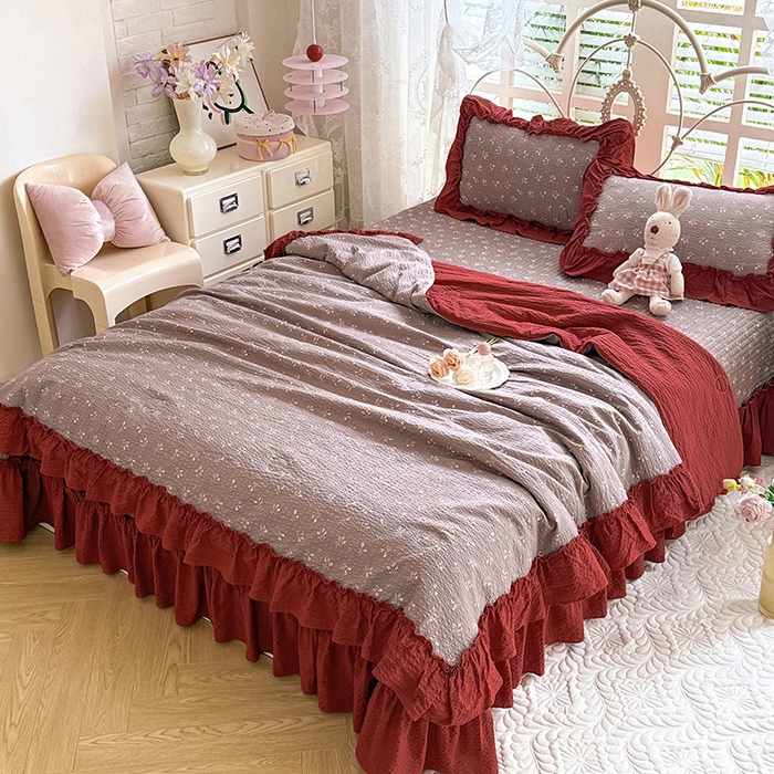 91家纺网 家纺一手货源 找家纺 韩约家纺 2026新款法式大花边泡芙棉床盖款夏被夏凉被空调被四件套 花见喜