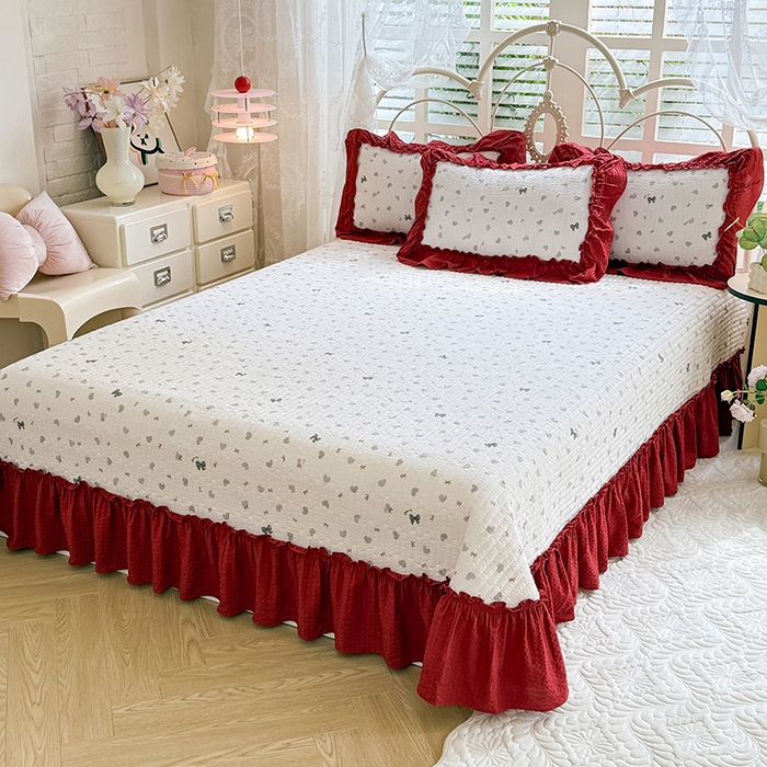 91家纺网 家纺一手货源 找家纺 韩约家纺 2026新款法式大花边泡芙棉床盖款夏被夏凉被空调被四件套 爱心蝴蝶结