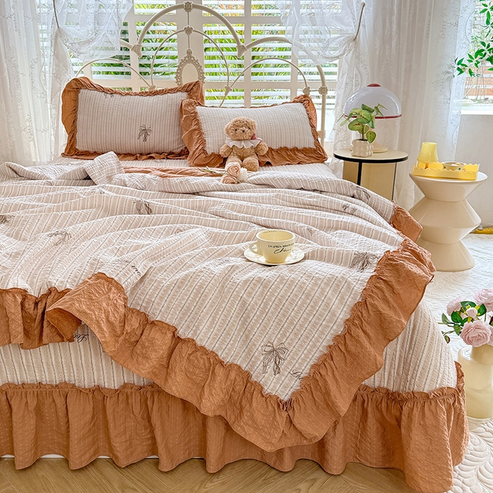 91家纺网 家纺一手货源 找家纺 韩约家纺 2026新款法式大花边泡芙棉床盖款夏被夏凉被空调被四件套 蝴蝶结