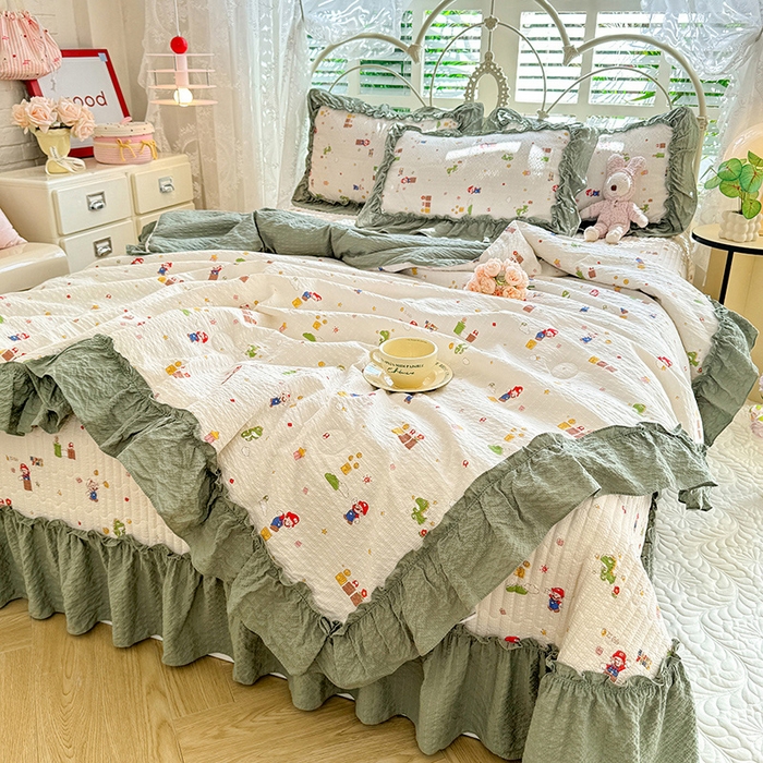 91家纺网 家纺一手货源 找家纺 韩约家纺 2026新款法式大花边泡芙棉床盖款夏被夏凉被空调被四件套 童趣