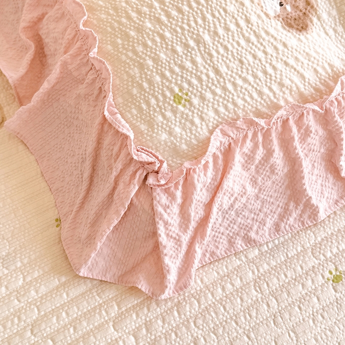 91家纺网 家纺一手货源 找家纺 韩约家纺 2026新款法式大花边泡芙棉床盖款夏被夏凉被空调被四件套 呆萌熊宝