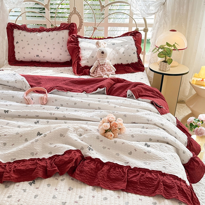 91家纺网 家纺一手货源 找家纺 韩约家纺 2026新款法式大花边泡芙棉床盖款夏被夏凉被空调被四件套 爱心蝴蝶结