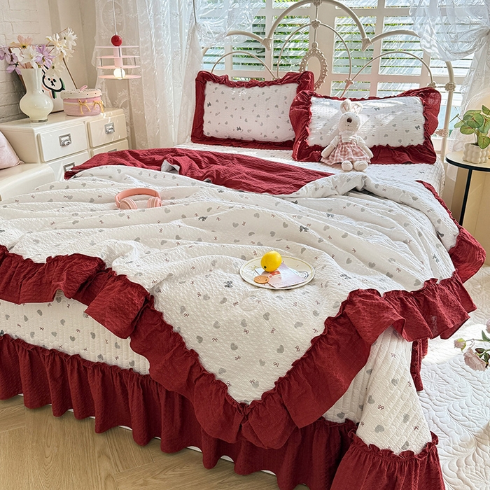 91家纺网 家纺一手货源 找家纺 韩约家纺 2026新款法式大花边泡芙棉床盖款夏被夏凉被空调被四件套 爱心蝴蝶结