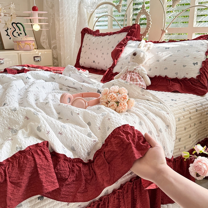 91家纺网 家纺一手货源 找家纺 韩约家纺 2026新款法式大花边泡芙棉床盖款夏被夏凉被空调被四件套 爱心蝴蝶结