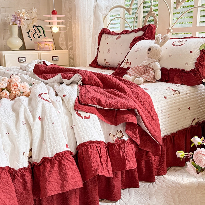 91家纺网 家纺一手货源 找家纺 韩约家纺 2026新款法式大花边泡芙棉床盖款夏被夏凉被空调被四件套 马上鸿运