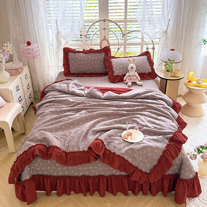 91家纺网 家纺一手货源 找家纺 韩约家纺 2026新款法式大花边泡芙棉床盖款夏被夏凉被空调被四件套 花见喜