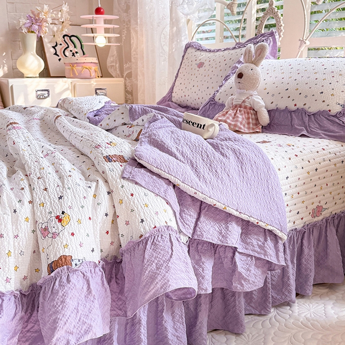 91家纺网 家纺一手货源 找家纺 韩约家纺 2026新款法式大花边泡芙棉床盖款夏被夏凉被空调被四件套 布蕾可可