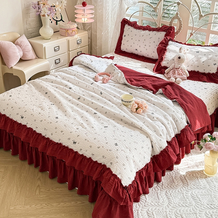 91家纺网 家纺一手货源 找家纺 韩约家纺 2026新款法式大花边泡芙棉床盖款夏被夏凉被空调被四件套 爱心蝴蝶结