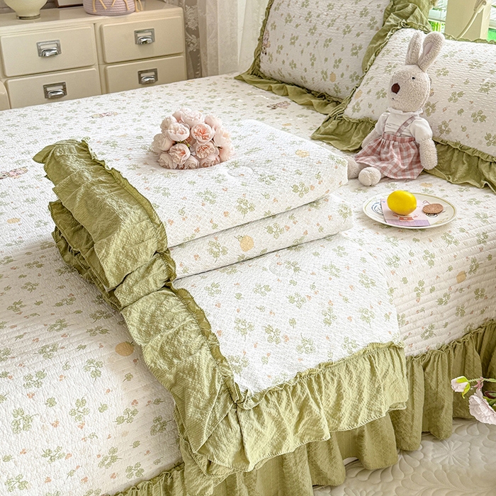 韩约家纺 2026新款法式大花边泡芙棉床盖款夏被夏凉被空调被四件套 摩卡人生