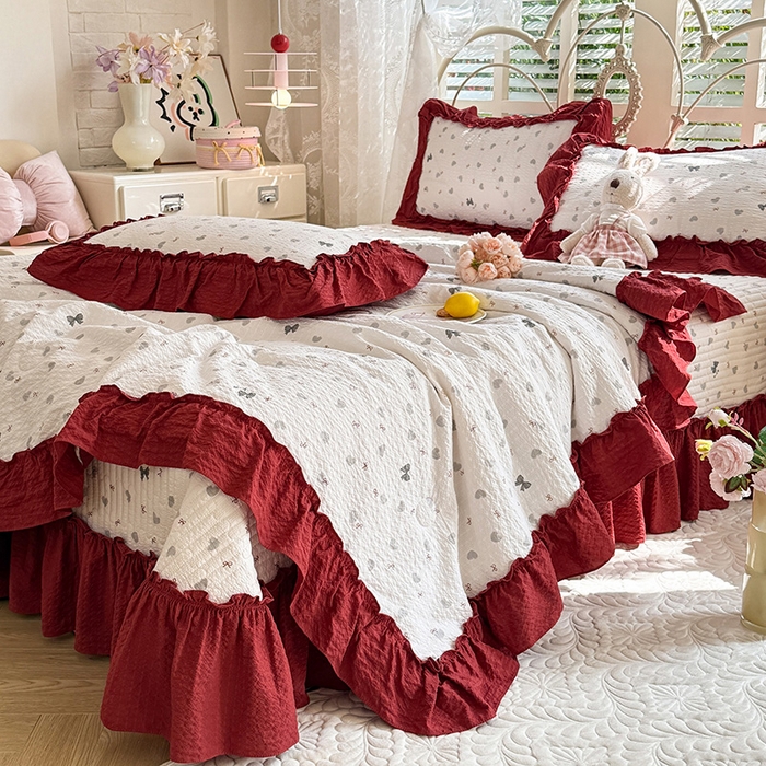 91家纺网 家纺一手货源 找家纺 韩约家纺 2026新款法式大花边泡芙棉床盖款夏被夏凉被空调被四件套 爱心蝴蝶结