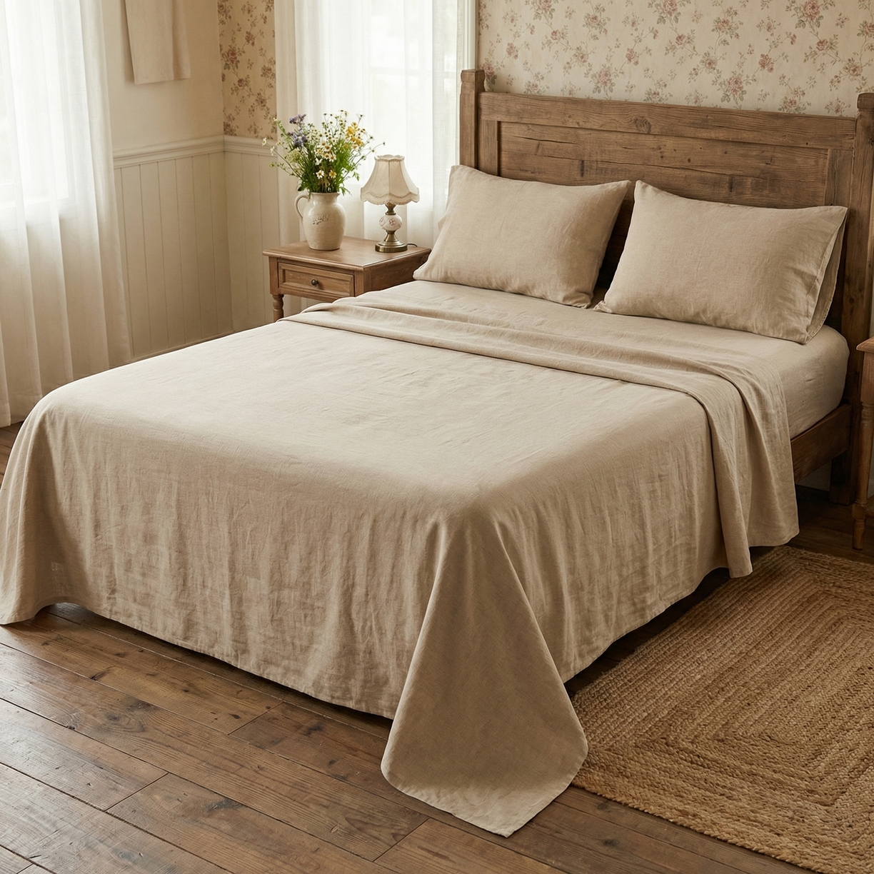 91家纺网 家纺一手货源 找家纺  U品汇  2026新款复古全棉纯棉亚麻棉麻数码印花四件套夏季冰凉爽透气套件（含30%亚麻） 花海世界