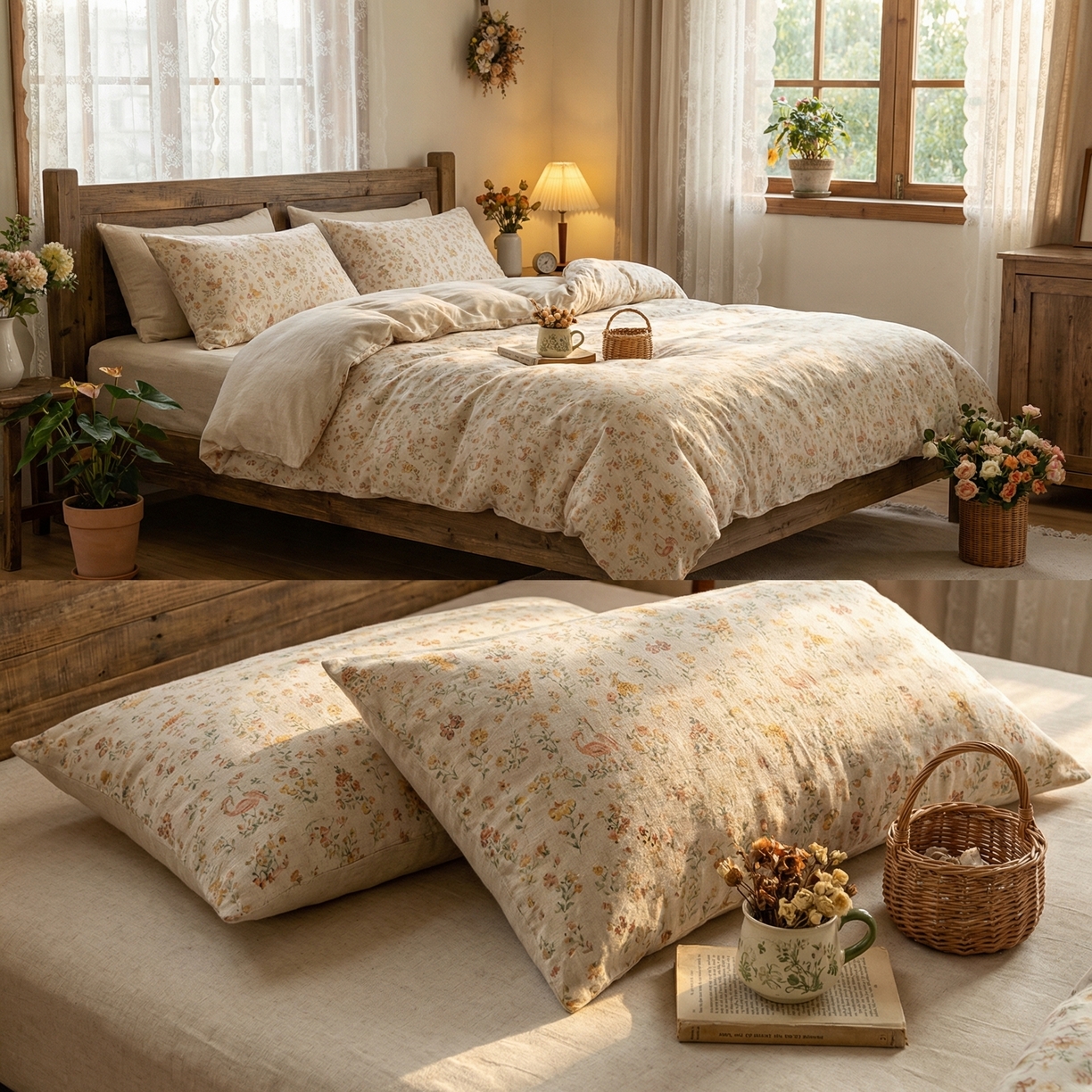 91家纺网 家纺一手货源 找家纺  U品汇  2026新款复古全棉纯棉亚麻棉麻数码印花四件套夏季冰凉爽透气套件（含30%亚麻） 漫步沙滩