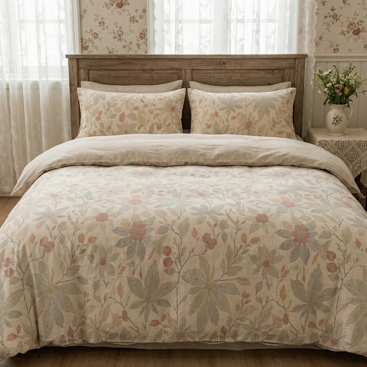  U品汇  2026新款复古全棉纯棉亚麻棉麻数码印花四件套夏季冰凉爽透气套件（含30%亚麻） 美漾记忆