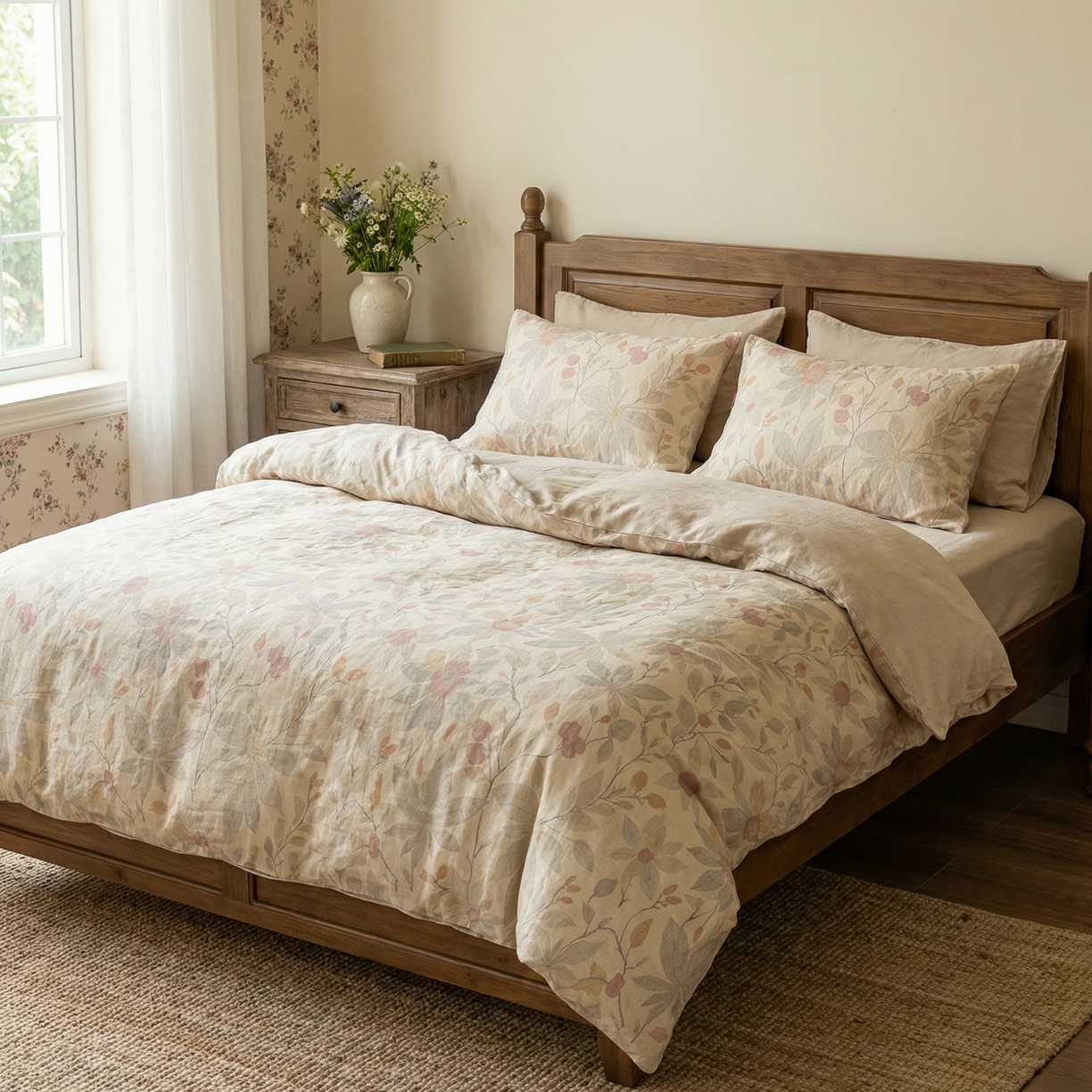 91家纺网 家纺一手货源 找家纺  U品汇  2026新款复古全棉纯棉亚麻棉麻数码印花四件套夏季冰凉爽透气套件（含30%亚麻） 美漾记忆