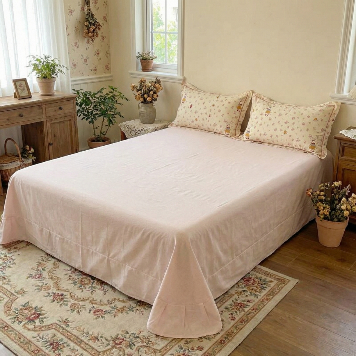 91家纺网 家纺一手货源 找家纺  U品汇  2026新款复古全棉纯棉亚麻棉麻数码印花四件套夏季冰凉爽透气套件（含30%亚麻） 萌宠宝贝