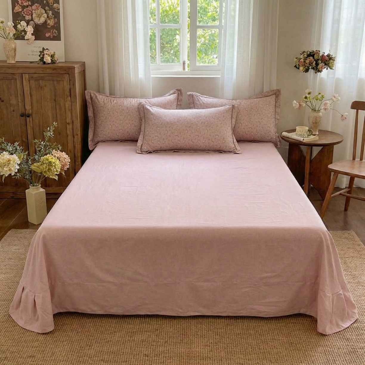 91家纺网 家纺一手货源 找家纺  U品汇  2026新款复古全棉纯棉亚麻棉麻数码印花四件套夏季冰凉爽透气套件（含30%亚麻） 梦境-豆沙