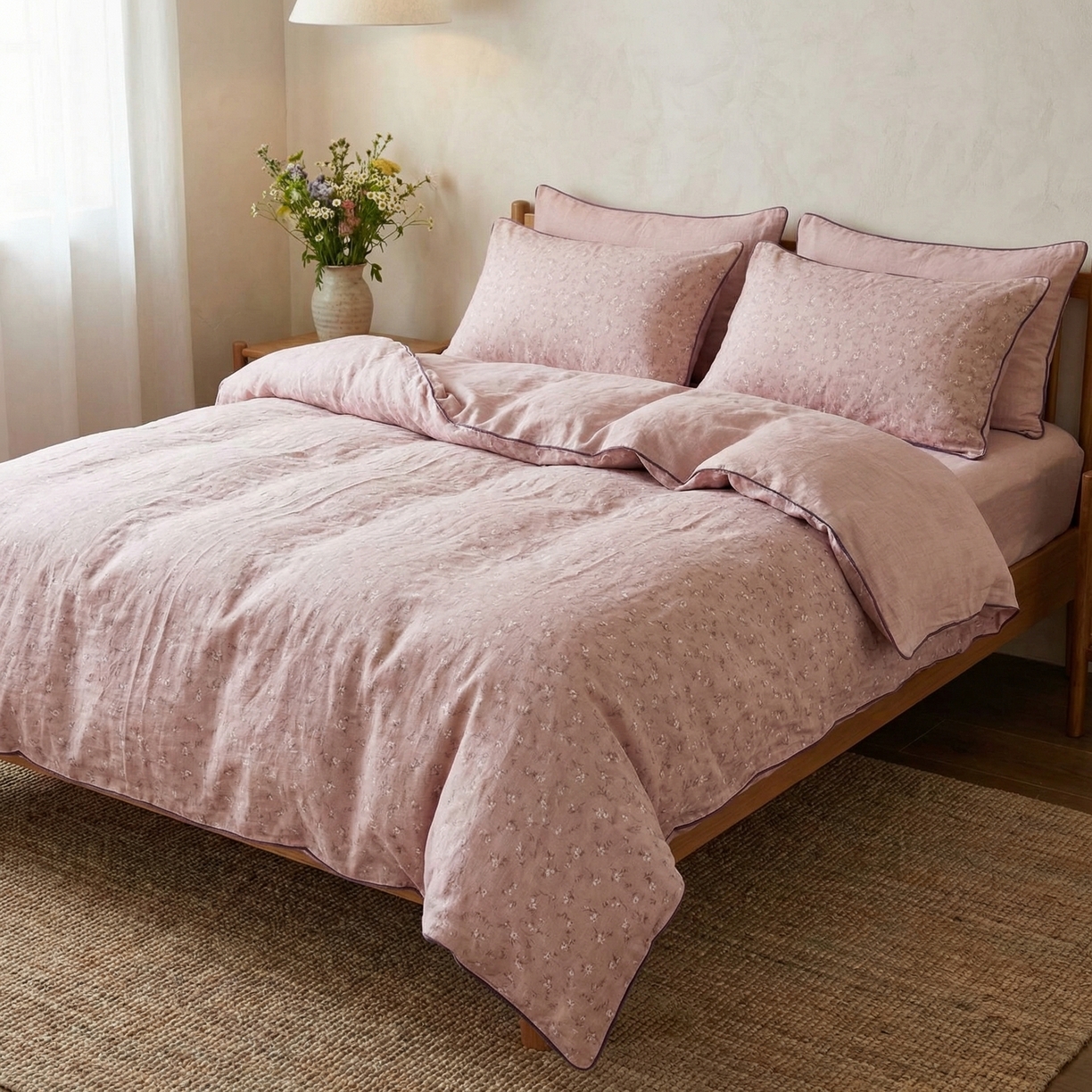 91家纺网 家纺一手货源 找家纺  U品汇  2026新款复古全棉纯棉亚麻棉麻数码印花四件套夏季冰凉爽透气套件（含30%亚麻） 梦境-豆沙