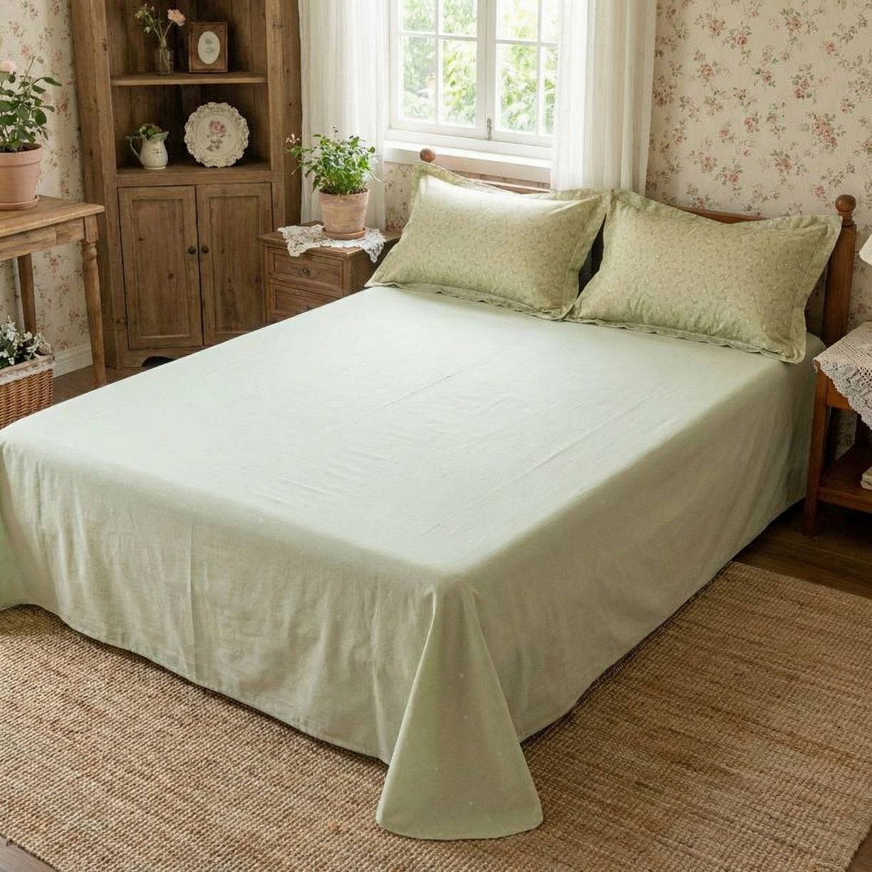 91家纺网 家纺一手货源 找家纺  U品汇  2026新款复古全棉纯棉亚麻棉麻数码印花四件套夏季冰凉爽透气套件（含30%亚麻） 梦境-绿