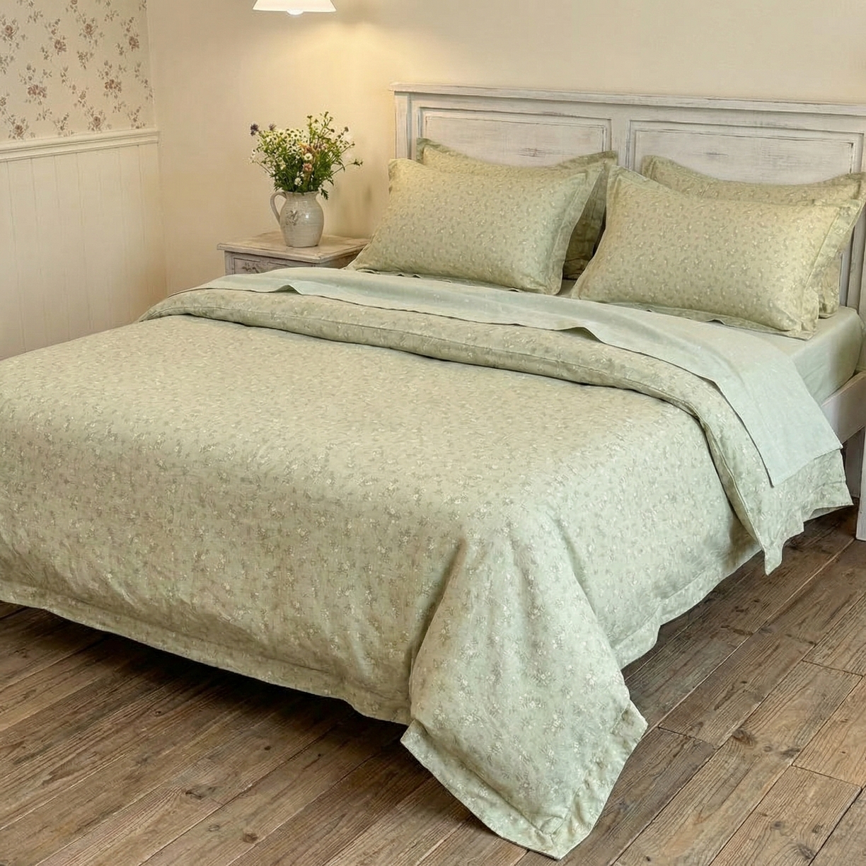 91家纺网 家纺一手货源 找家纺  U品汇  2026新款复古全棉纯棉亚麻棉麻数码印花四件套夏季冰凉爽透气套件（含30%亚麻） 梦境-绿