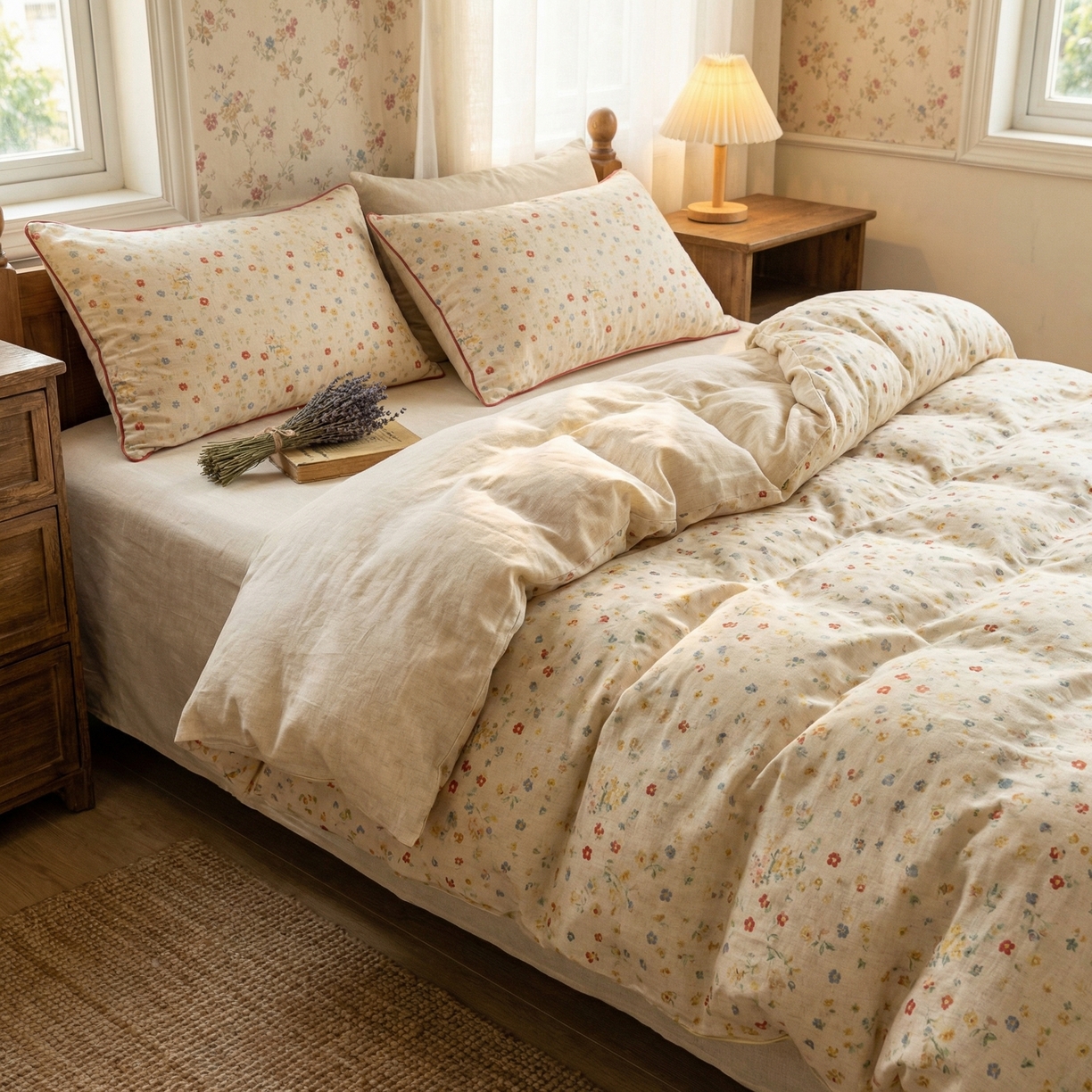 91家纺网 家纺一手货源 找家纺  U品汇  2026新款复古全棉纯棉亚麻棉麻数码印花四件套夏季冰凉爽透气套件（含30%亚麻） 兔宝科米