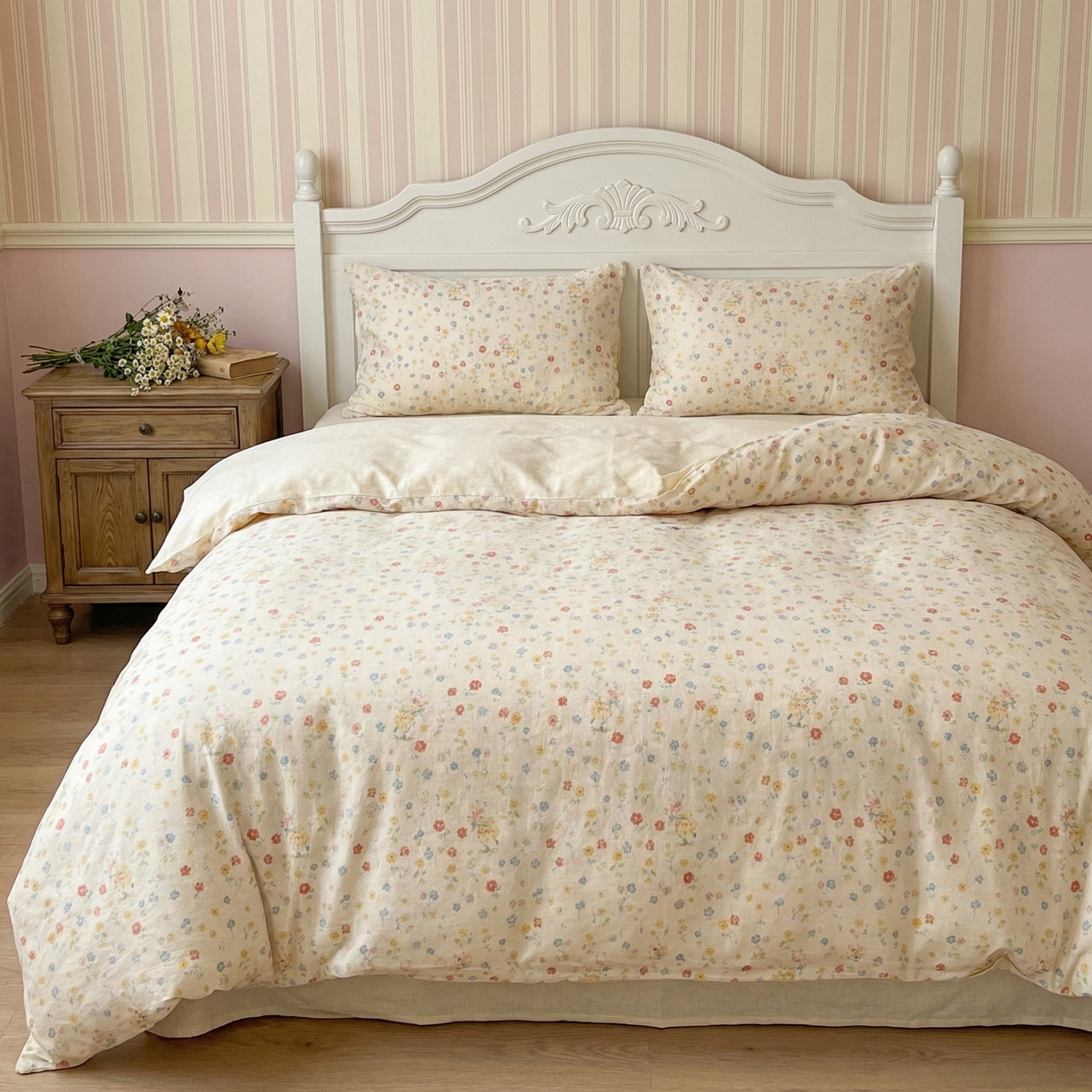  U品汇  2026新款复古全棉纯棉亚麻棉麻数码印花四件套夏季冰凉爽透气套件（含30%亚麻） 兔宝科米