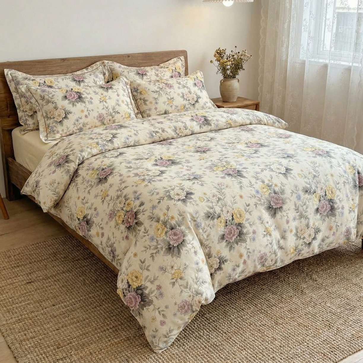 91家纺网 家纺一手货源 找家纺  U品汇  2026新款复古全棉纯棉亚麻棉麻数码印花四件套夏季冰凉爽透气套件（含30%亚麻） 向阳花