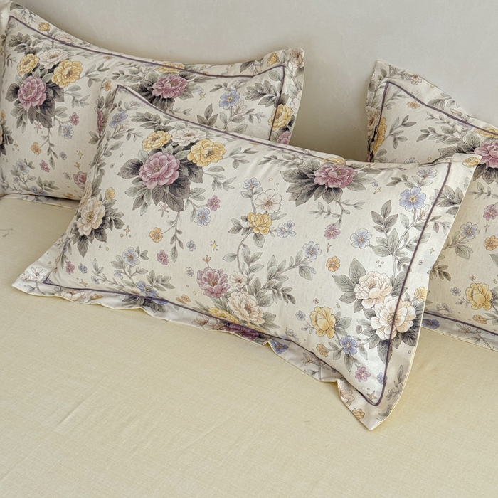 91家纺网 家纺一手货源 找家纺  U品汇  2026新款复古全棉纯棉亚麻棉麻数码印花四件套夏季冰凉爽透气套件（含30%亚麻） 向阳花