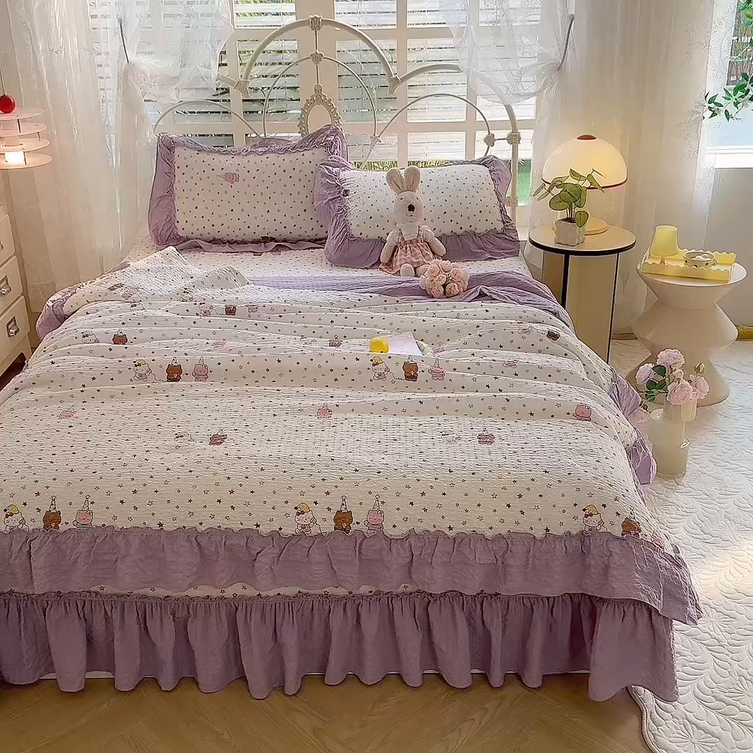 91家纺网 家纺一手货源 找家纺 韩约家纺 2026新款法式大花边泡芙棉床盖款夏被夏凉被空调被四件套 布蕾可可