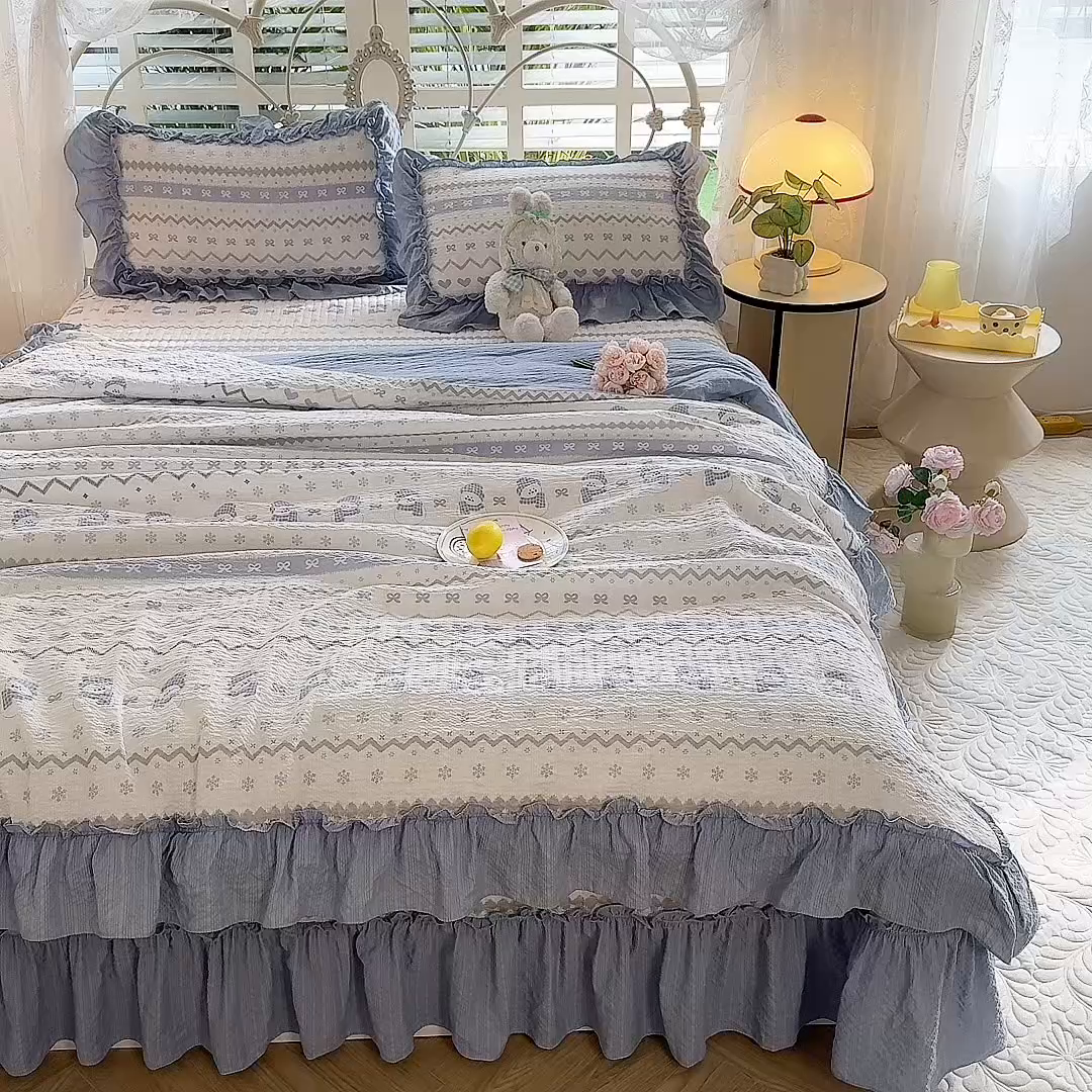 91家纺网 家纺一手货源 找家纺 韩约家纺 2026新款法式大花边泡芙棉床盖款夏被夏凉被空调被四件套 蓝星人