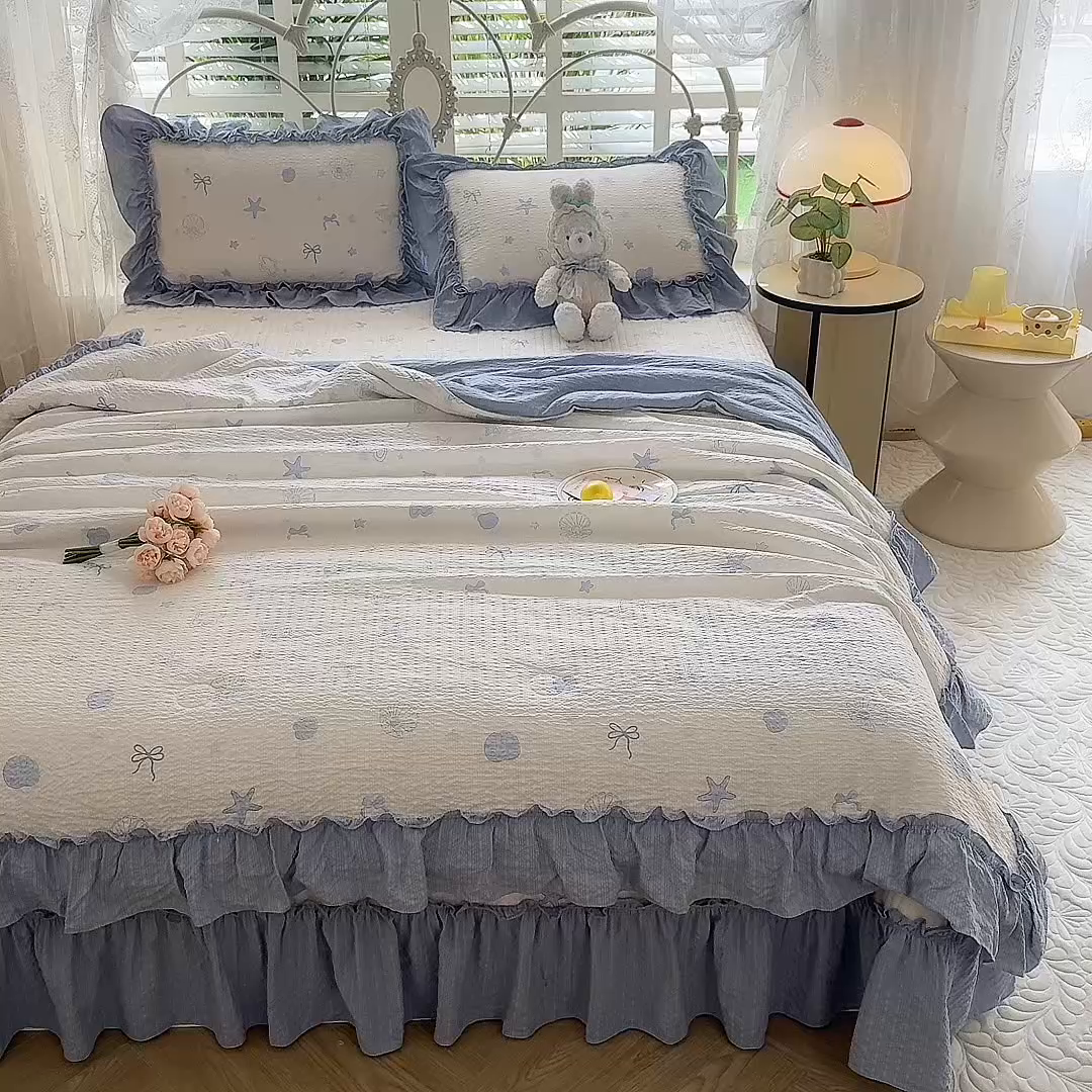 91家纺网 家纺一手货源 找家纺 韩约家纺 2026新款法式大花边泡芙棉床盖款夏被夏凉被空调被四件套 睛喜