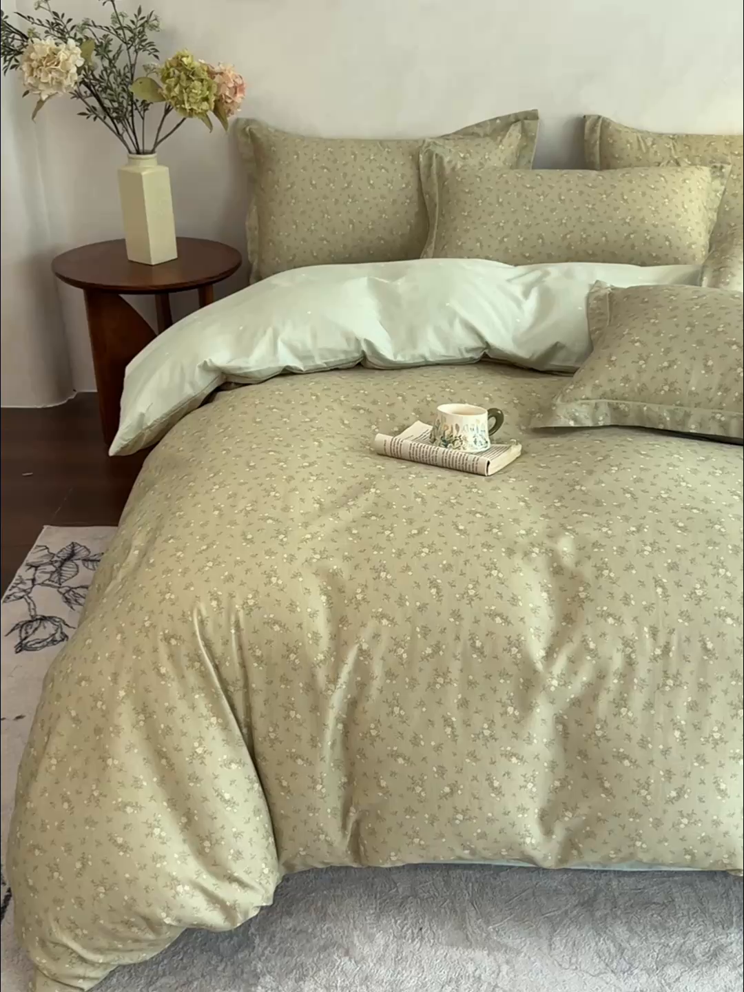 91家纺网 家纺一手货源 找家纺  U品汇  2026新款复古全棉纯棉亚麻棉麻数码印花四件套夏季冰凉爽透气套件（含30%亚麻） 梦境-绿