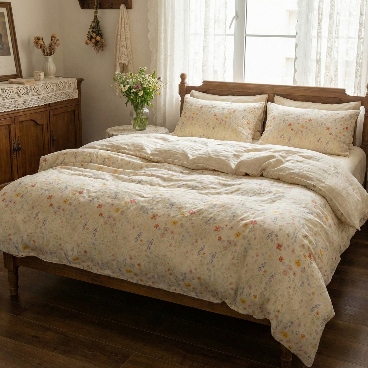 91家纺网 家纺一手货源 找家纺  U品汇  2026新款复古全棉纯棉亚麻棉麻数码印花四件套夏季冰凉爽透气套件（含30%亚麻） 春日气息