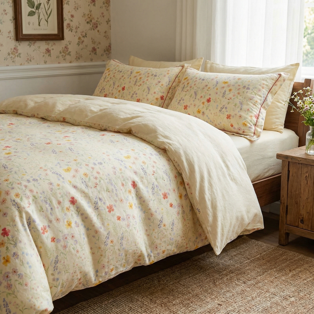 91家纺网 家纺一手货源 找家纺  U品汇  2026新款复古全棉纯棉亚麻棉麻数码印花四件套夏季冰凉爽透气套件（含30%亚麻） 春日气息